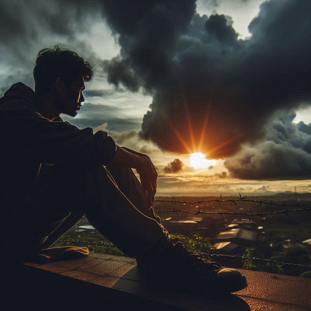 Eine Person sitzt auf einer mit Stacheldraht bewehrten Mauer und schaut auf eine Stadt, die in der Dämmerung liegt. Dunkel Wolken am HImmel, am Horizont geht die Sonne auf.
