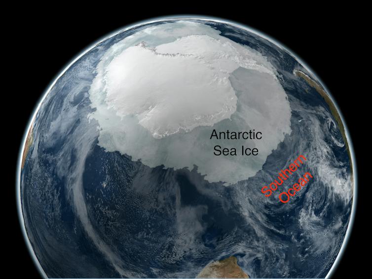 A satellite image of Antarctica with sea ice and Southern Ocean noted.