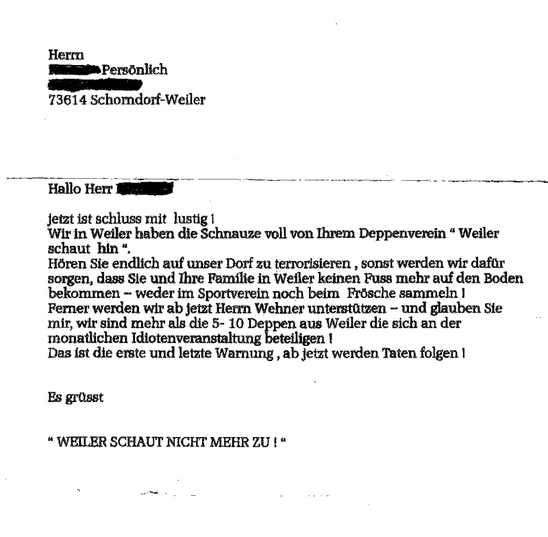 Drohbrief an Weiler schaut hin e.V.